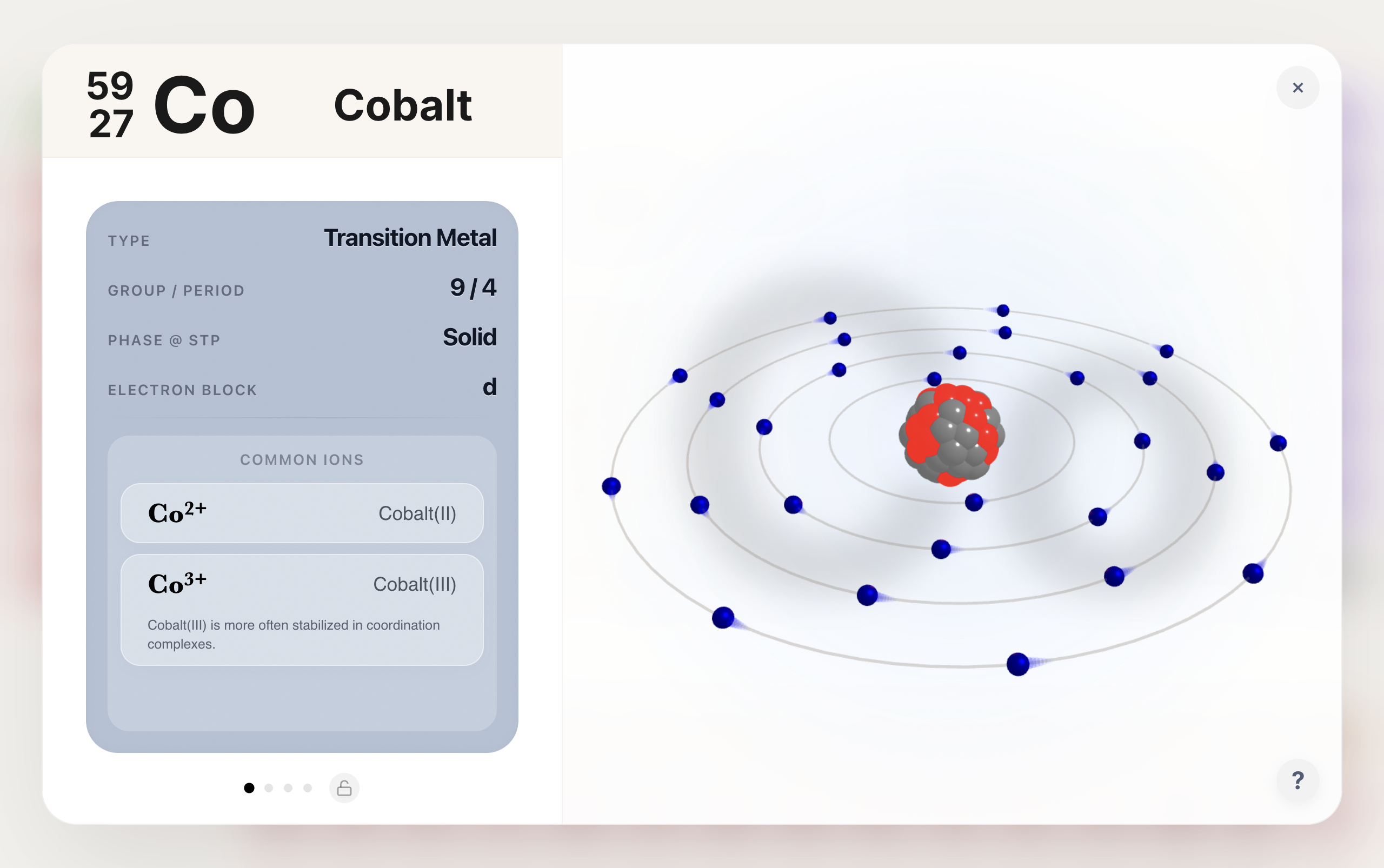 3D atom model showing electron shells and element properties
